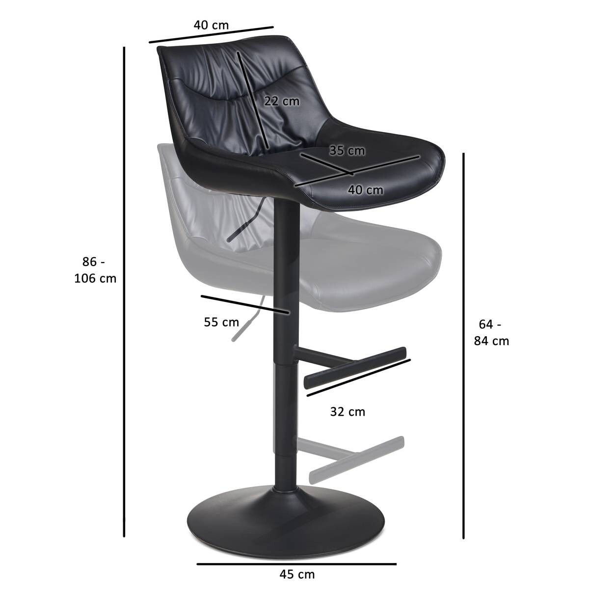 Barhocker schwarz Kunstleder B/H/T: ca. 45x106x55 cm