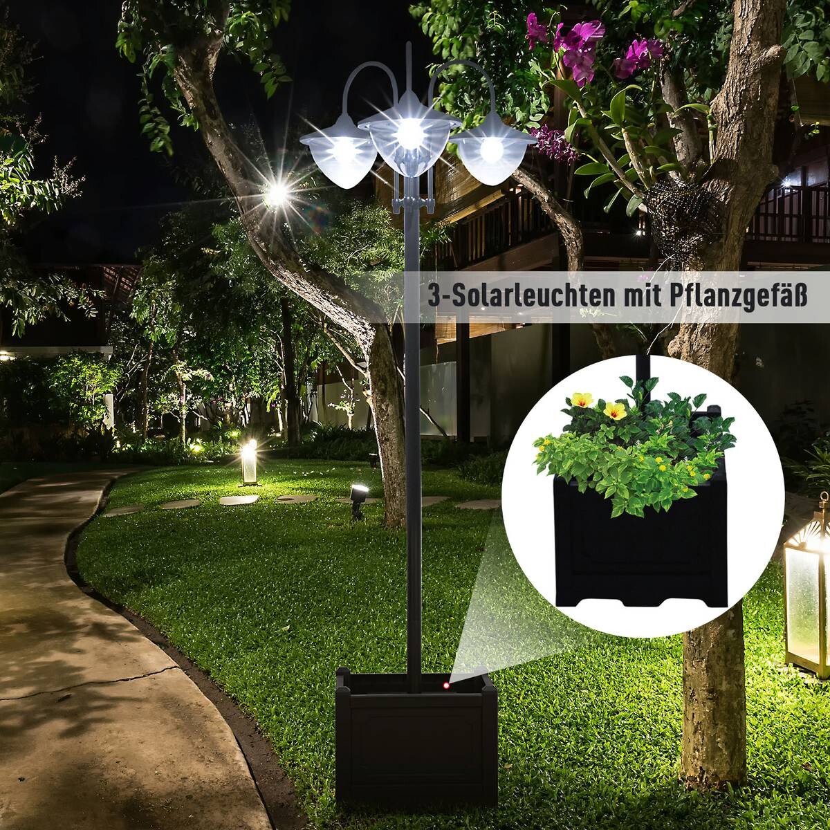 Solarlaterne mit Blumentopf schwarz Aluminium Edelstahl Polypropylen B/H/L: ca. 55x189x60 cm