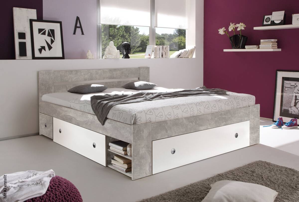 Funktionsbett Stefan Beton Optik weiß Liegefläche B/L: ca. 140x200 cm