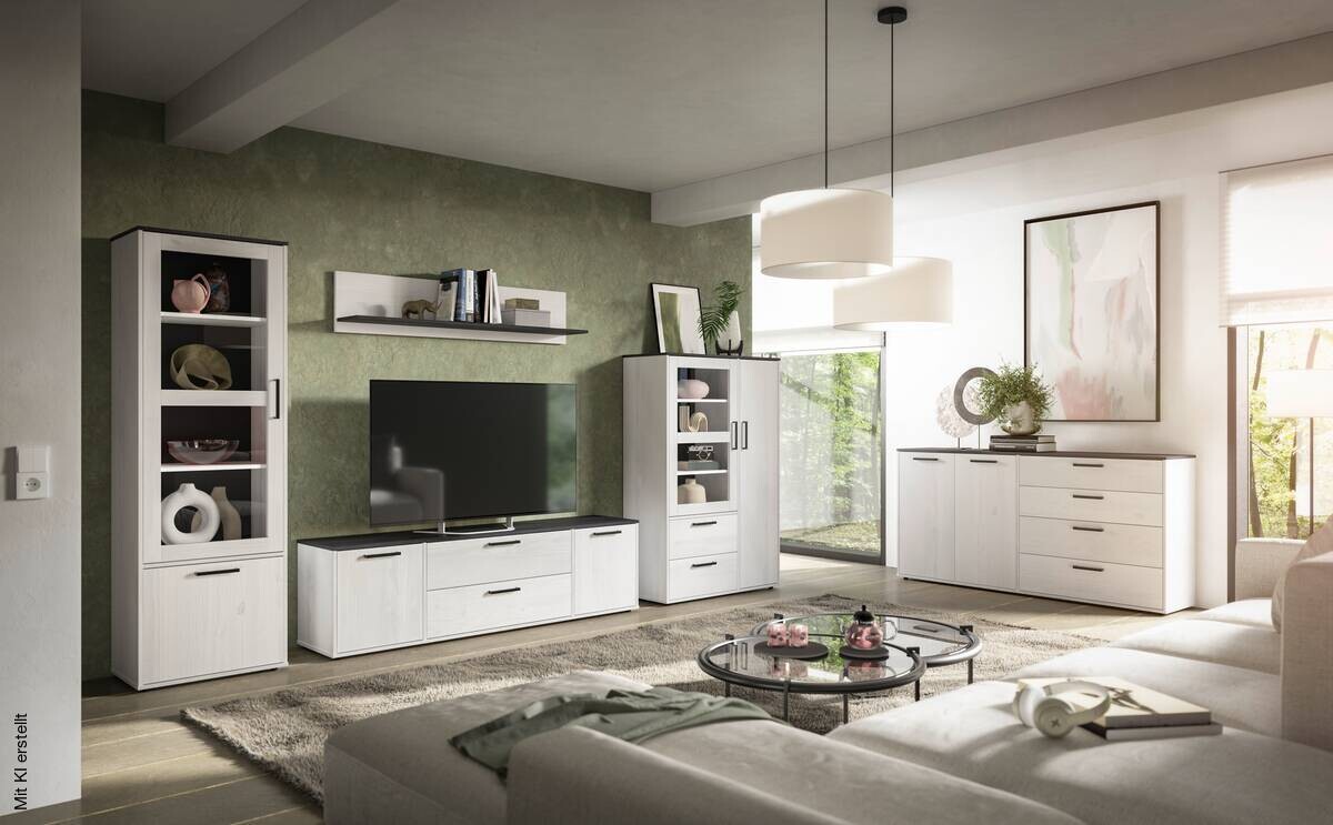 Vitrine Smart 1 Massivholz kiefer weiß schwarz B/H/T: ca. 61x189x40 cm