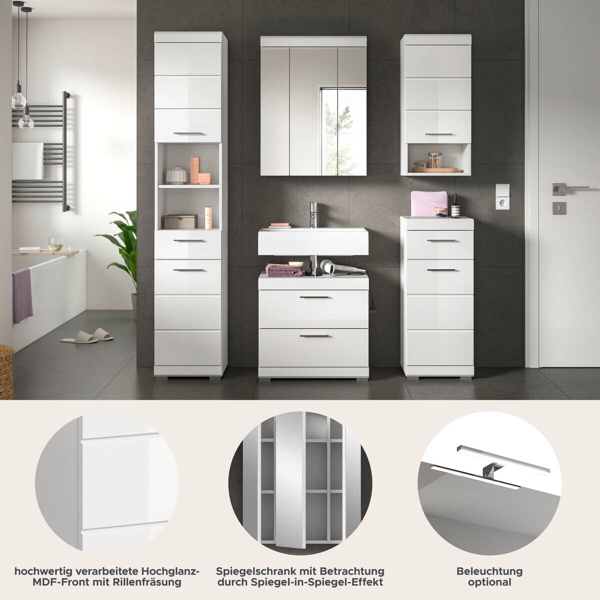 Badezimmer-Set Scout weiß weiß Hochglanz B/H/T: ca. 164x191x34 cm