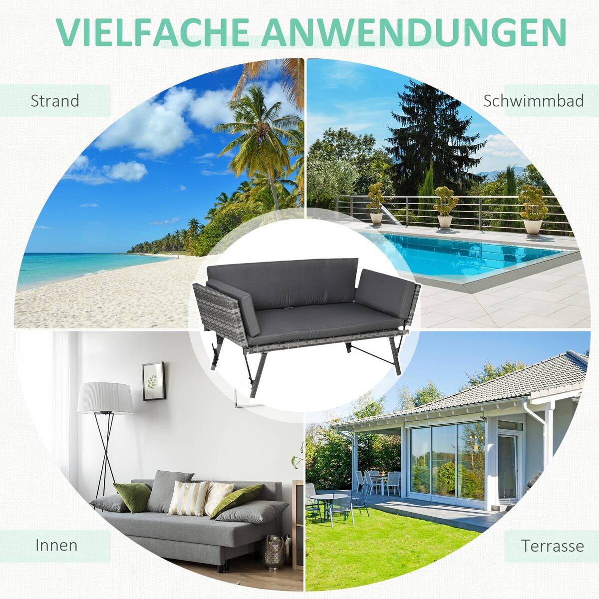 Outsunny Gartensofa grau Polyrattan B/H/L: ca. 63x129x67 cm