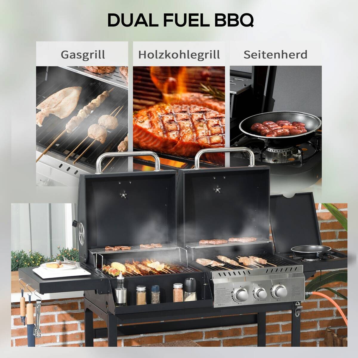 Outsunny Gas-/Kohlegrill Edelstahl B/H/L: ca. 53x101x161 cm