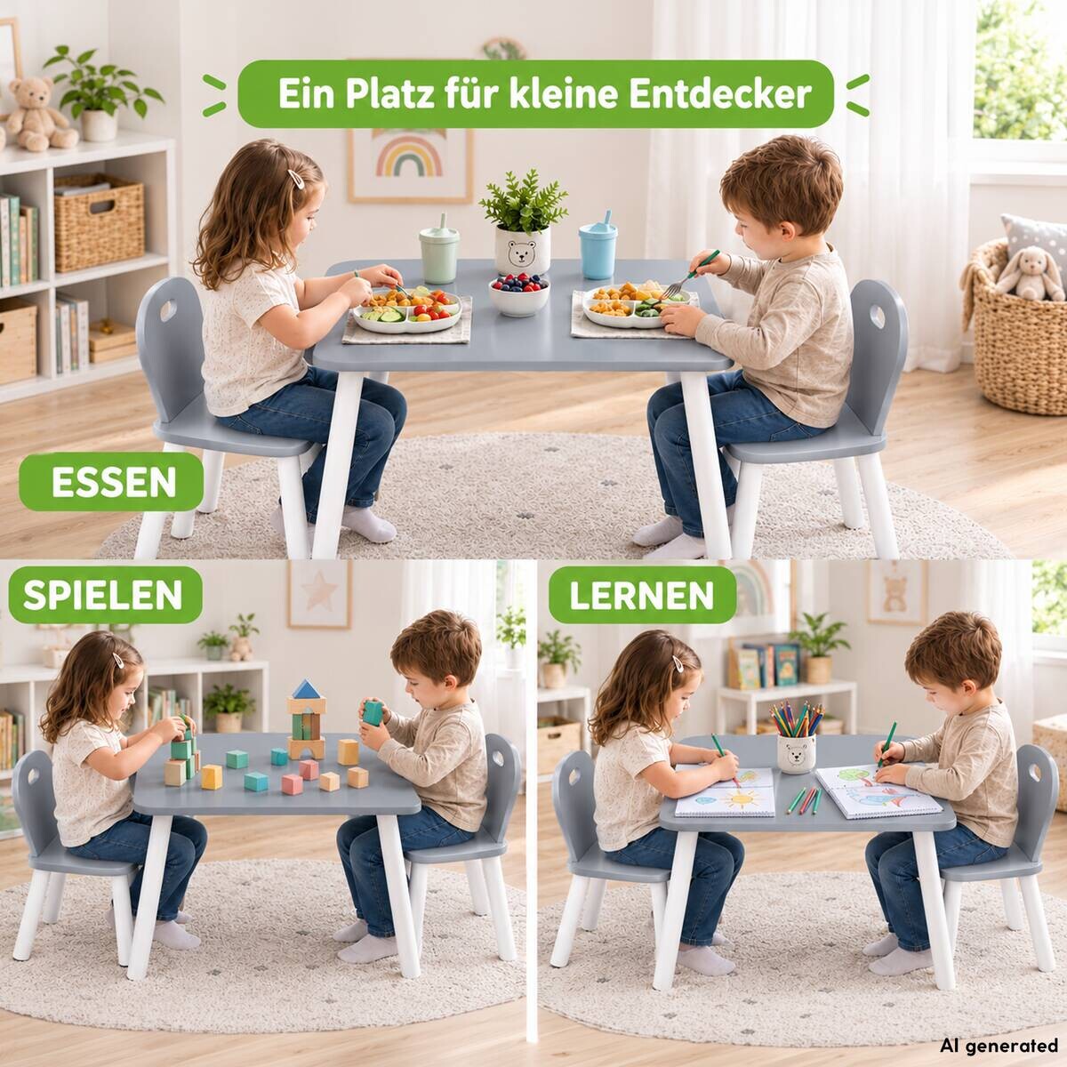 Kesper Kindertisch mit 2 Stühlen grau Spanplatte B/H/L: ca. 55x45x55 cm | grau | 55,00/45,00/55,00 cm