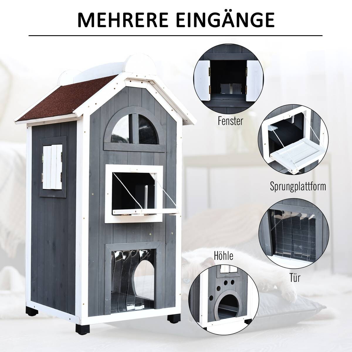 PawHut Katzenvilla grau Holz B/H/L: ca. 55x109x59 cm