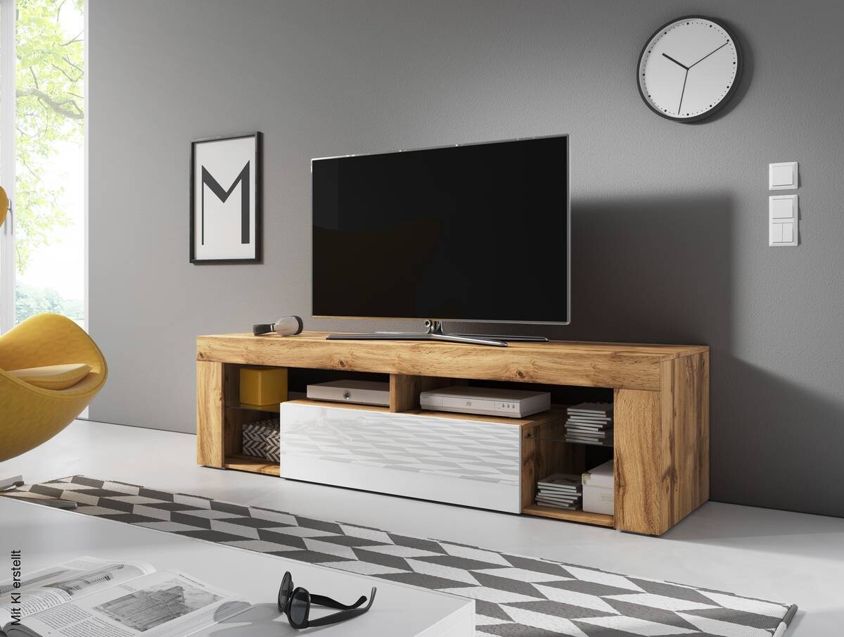 TV-Lowboard TV LOWBOARD Everest 140 Eiche Wotan Nachbildung weiß glänzend B/H/T: ca. 140x50x35 cm