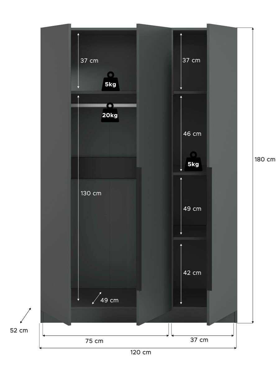Kleiderschrank KOPENHAGEN anthrazit B/H/T: ca. 120x181x52 cm