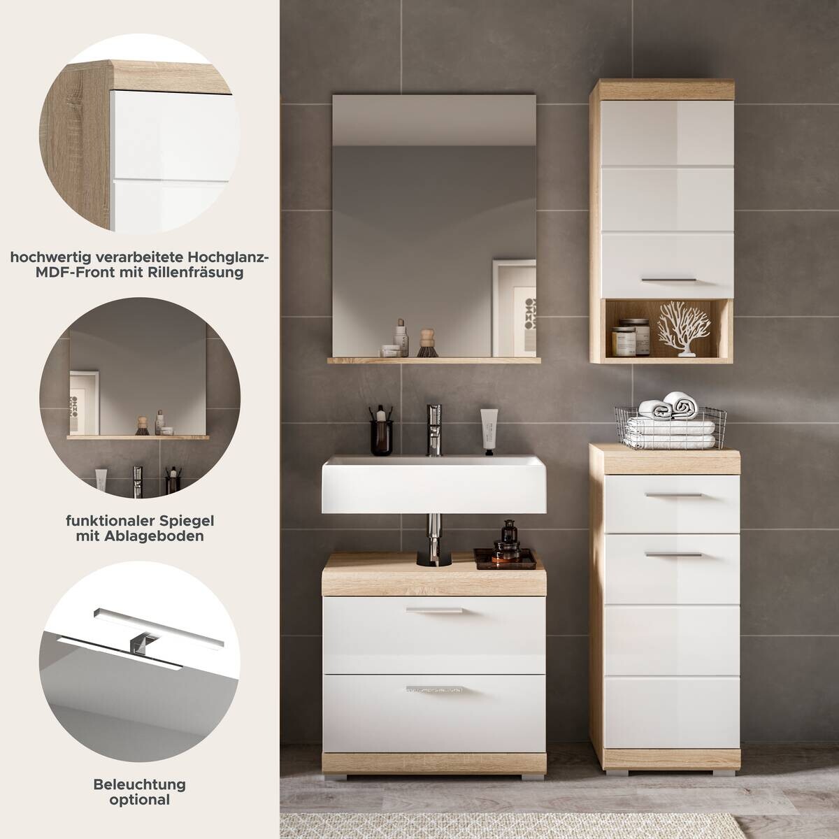 Badezimmer-Set Lambada Eiche Sonoma Nachbildung weiß Hochglanz B/H/T: ca. 112x191x37 cm