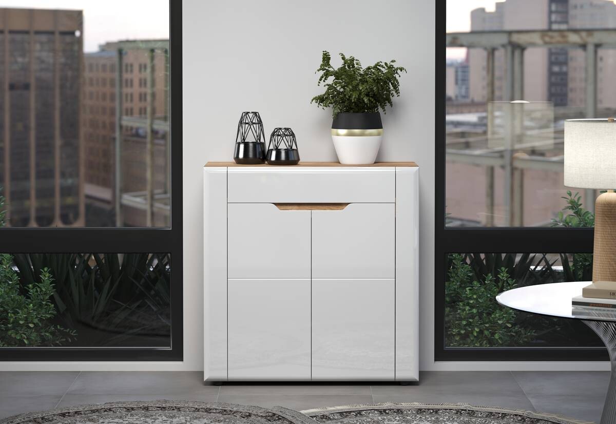Schubkastenkommode Marlon Eiche Evoke Coast Nachbildung weiß Hochglanz B/H/T: ca. 91x91x38 cm