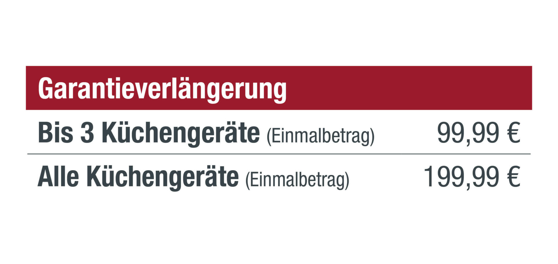 Tabelle mit Preisen für Garantieverlängerung: Bis 3 Küchengeräte 99,99 Euro, alle Küchengeräte 199,99 Euro.