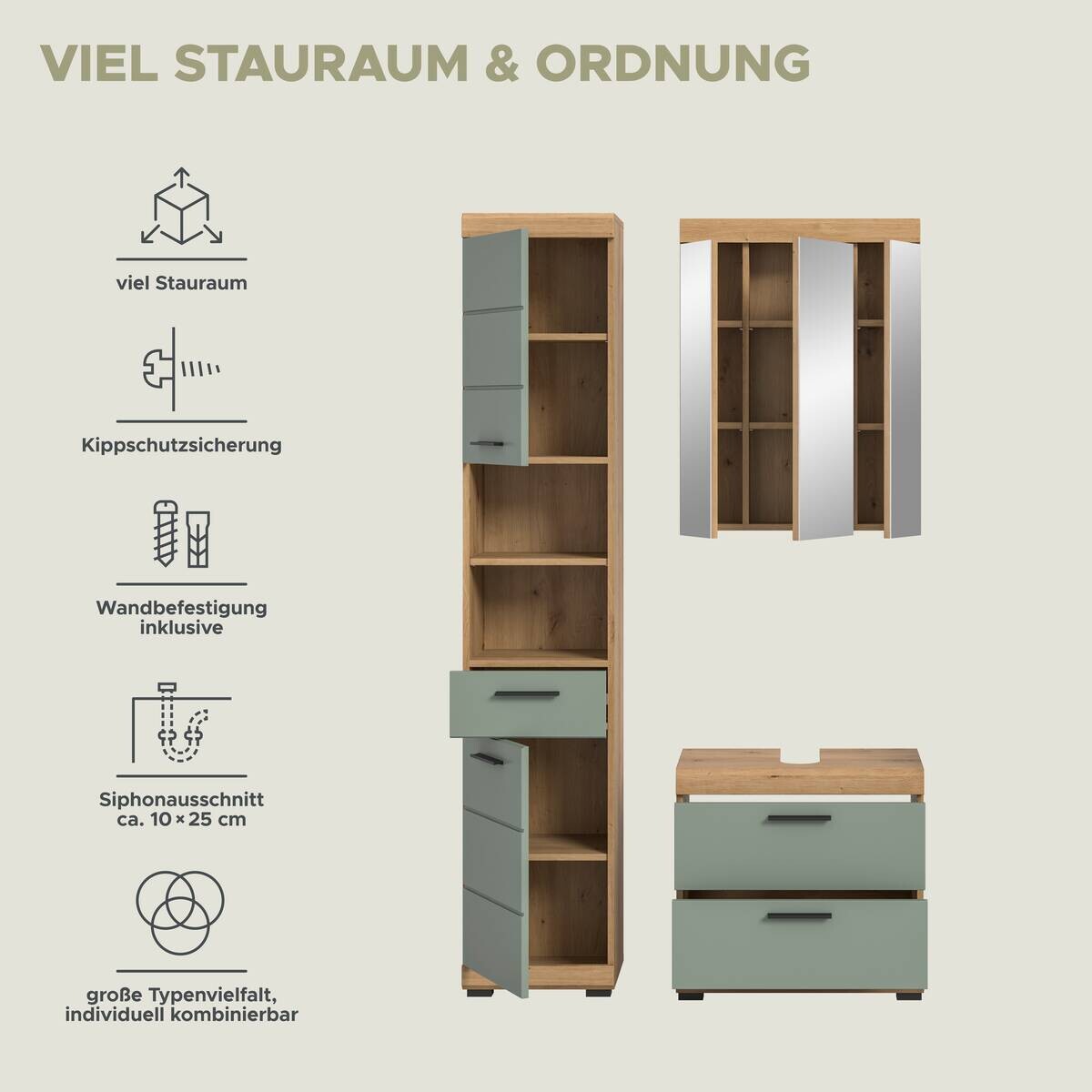 Badezimmer-Set Scout Eiche Artisan Nachbildung salbei Nachbildung B/H/T: ca. 112x191x37 cm