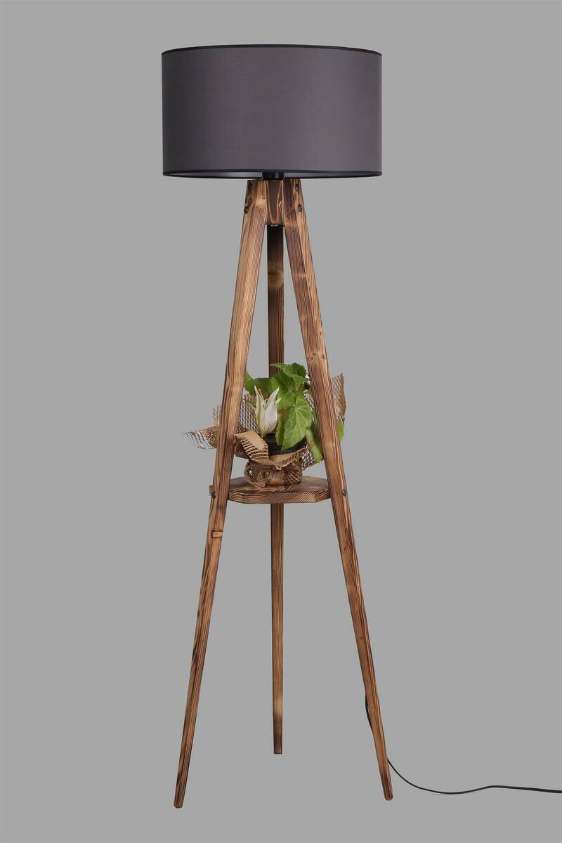 Stehleuchte grau braun Holz Stoff B/H/L/D: ca. 45x153x45x45 cm E27 1 Brennstellen