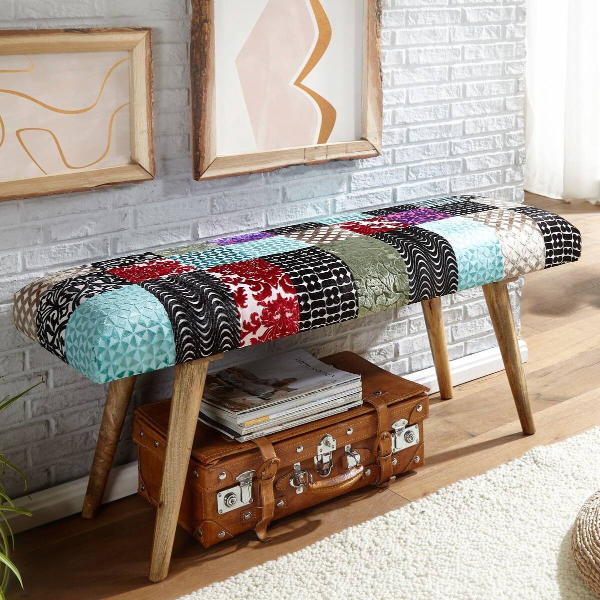 Wohnling Sitzbank bunt natur Stoff Echtholz B/H/T: ca. 117x51x38 cm