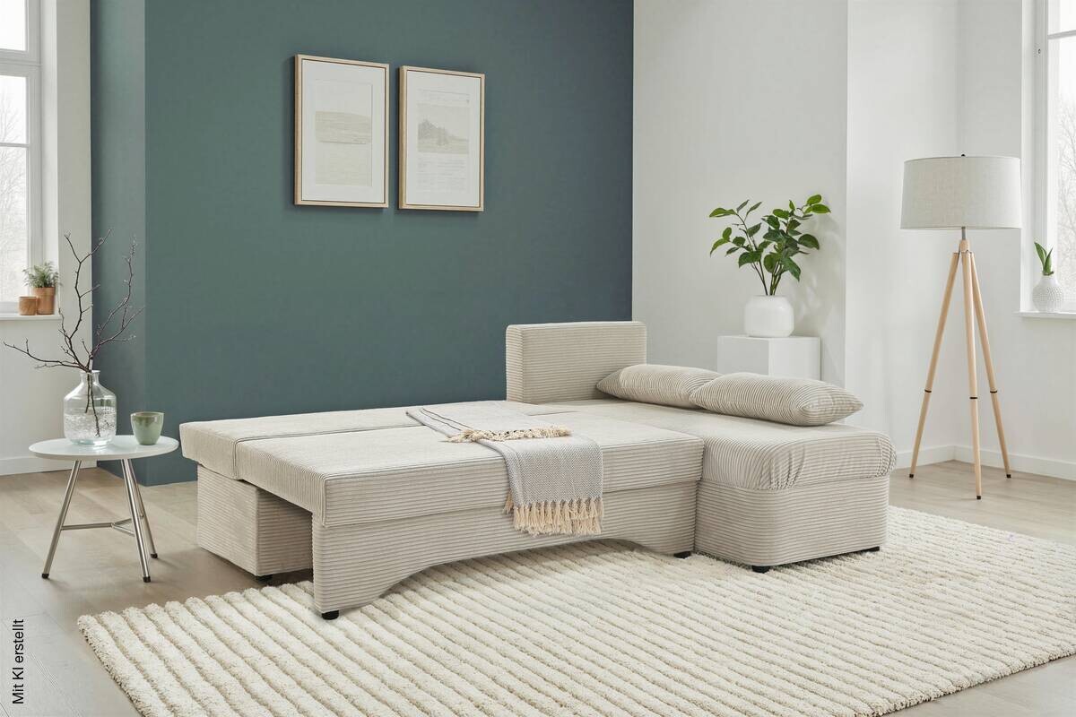 Ecksofa mit Bettfunktion und Bettkasten Greige Microfaser B/H/T: ca. 191x70x142 cm
