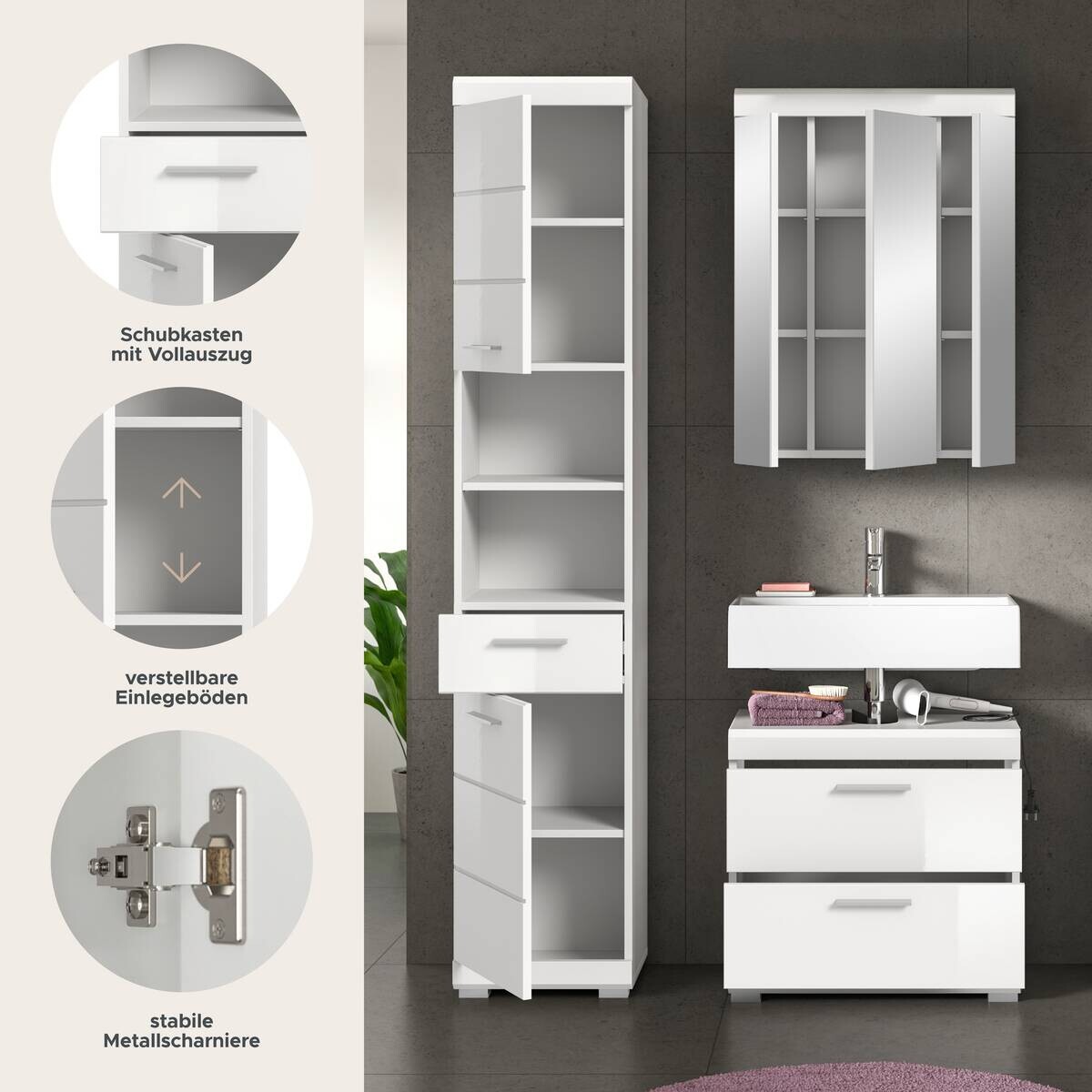 Badezimmer-Set Scout weiß weiß Hochglanz B/H/T: ca. 112x191x37 cm