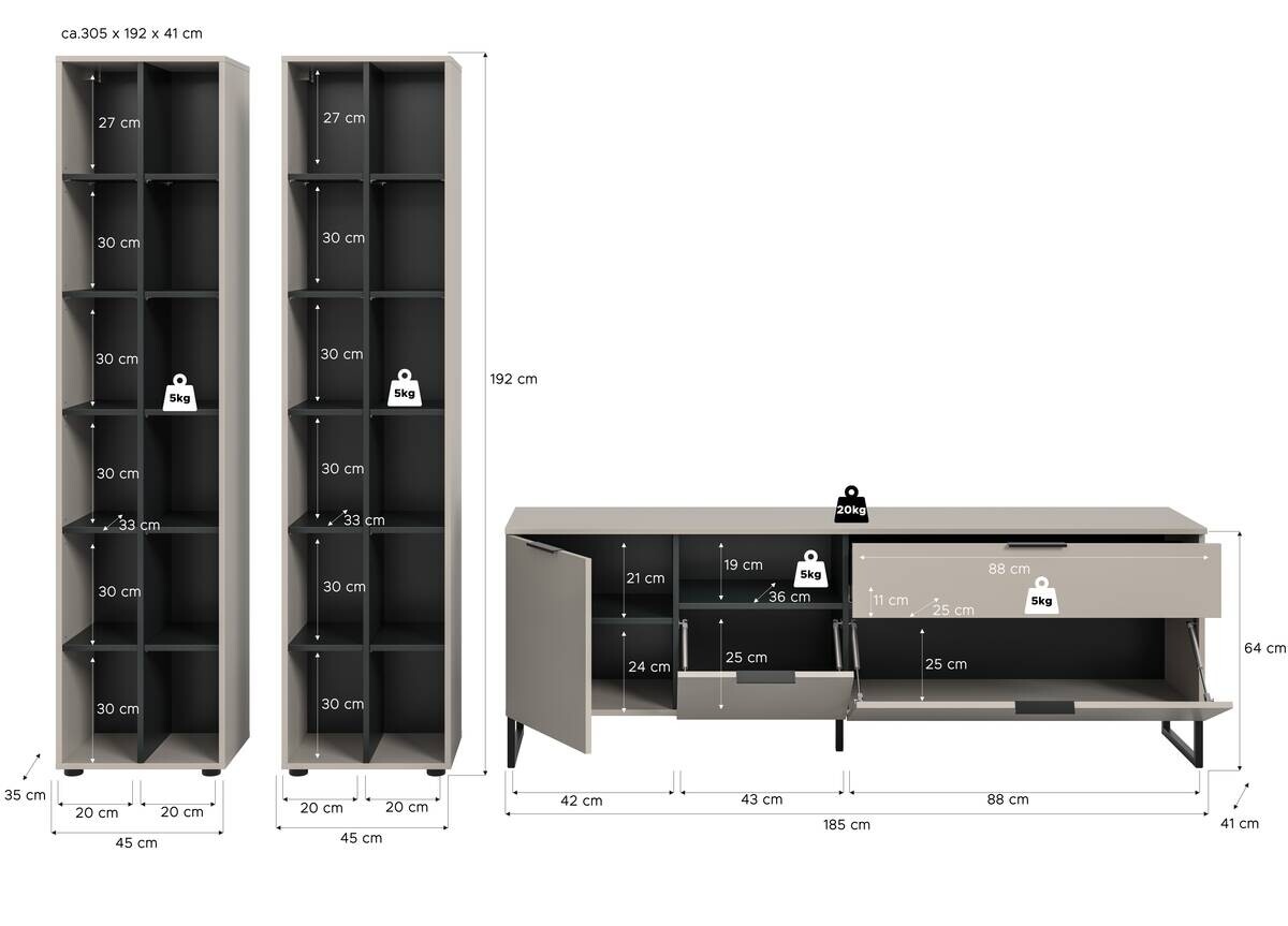Wohnwand Noida Kaschmirgrau Nachbildung schwarz B/H/T: ca. 305x192x41 cm