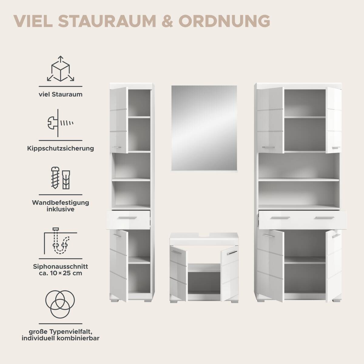 Badezimmer-Set Scout weiß weiß Hochglanz B/H/T: ca. 186x191x34 cm