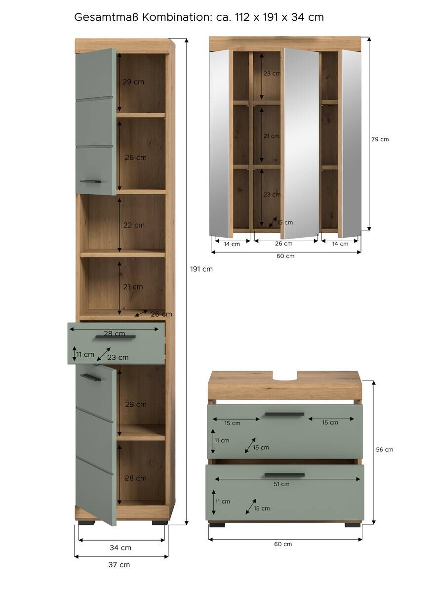 Badezimmer-Set Scout Eiche Artisan Nachbildung salbei Nachbildung B/H/T: ca. 112x191x37 cm
