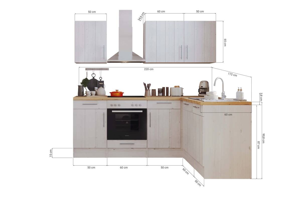 Respekta Winkelküche BERPL220LHWC weiß Lärche Nachbildung B/H/T: ca. 220x211x172 cm
