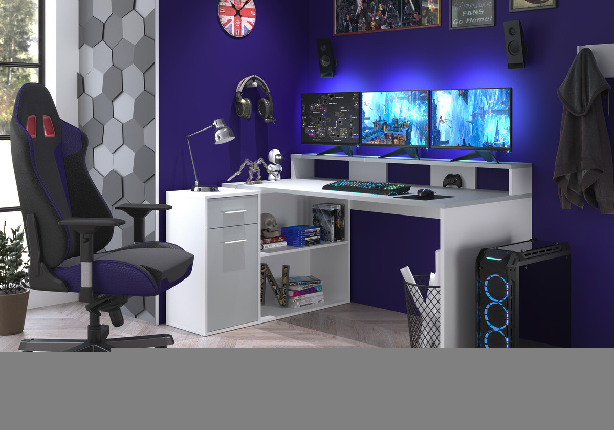 Schreibtisch Gamer hellgrau matt weiß matt B/H/T: ca. 160x92x115 cm