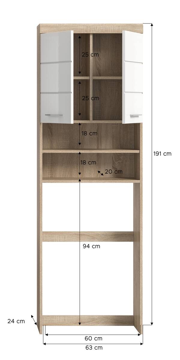 Waschmaschinenumbauschrank Lambada Eiche Sonoma Nachbildung weiß Hochglanz B/H/T: ca. 63x191x24 cm