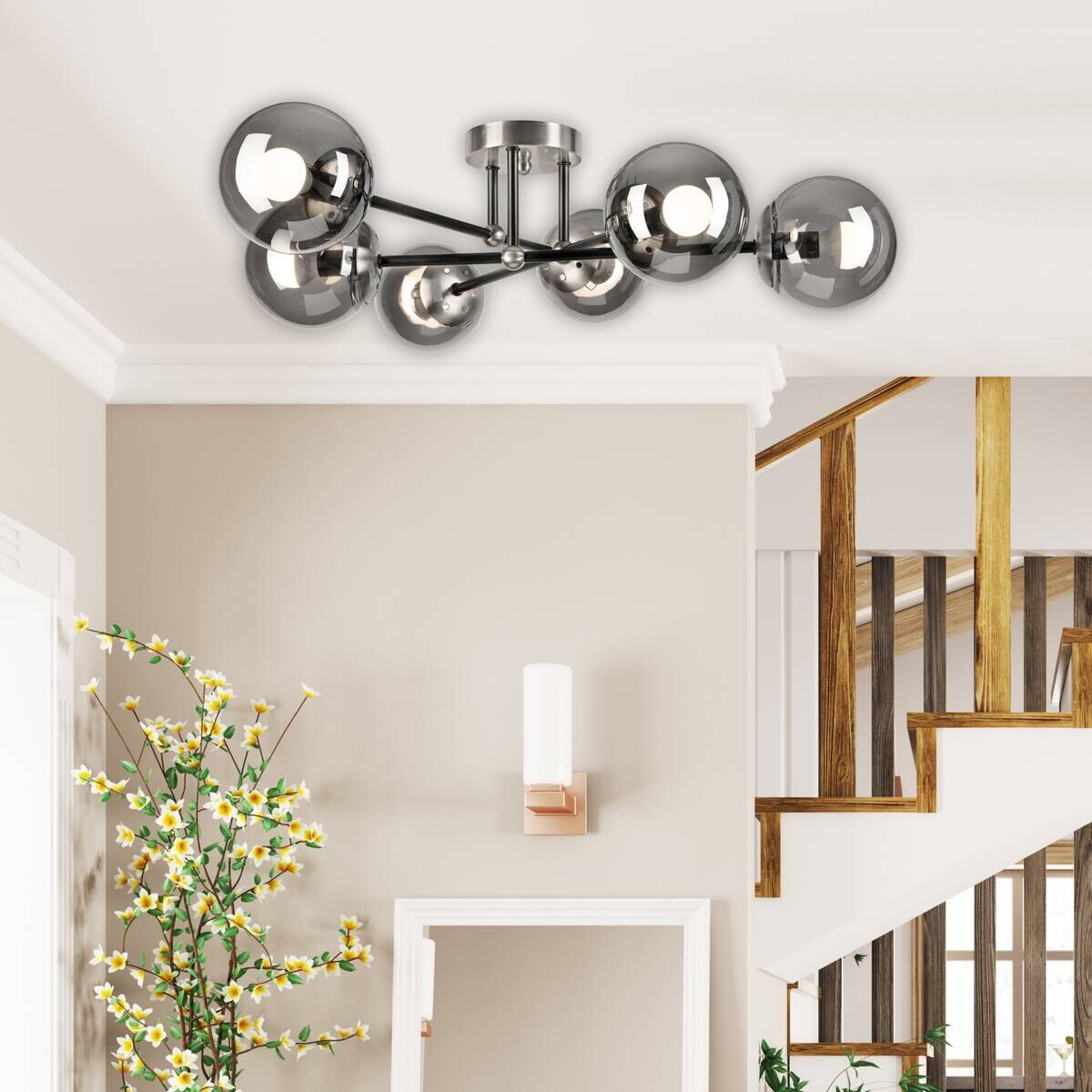 Lamkur Anbauleuchte Malena Chrom schwarz Glas Stahl B/H/L: ca. 64x20x64 cm E14 6 Brennstellen