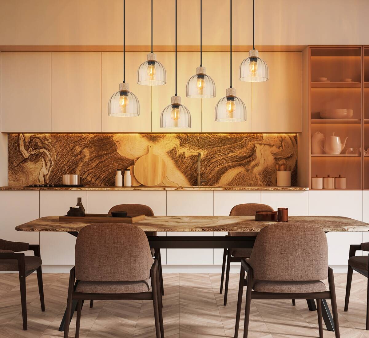GLOBO Pendelleuchte amber schwarz Glas Metall B/H/T: ca. 36x130x105 cm E27 6 Brennstellen