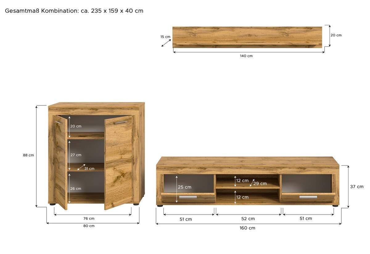 Wohnwand Jam Eiche Wotan Nachbildung B/H/T: ca. 255x159x35 cm