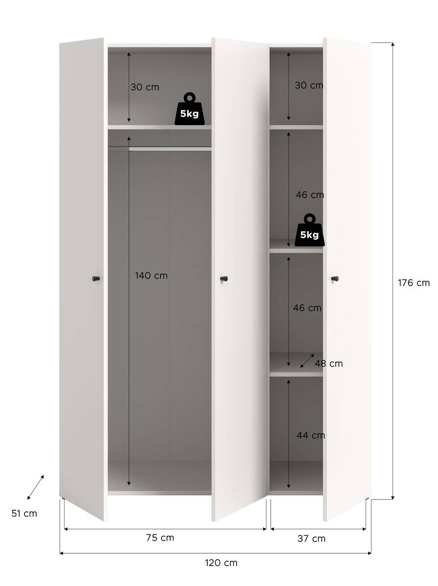 Kleiderschrank DARWIN weiß B/H/T: ca. 120x176x51 cm