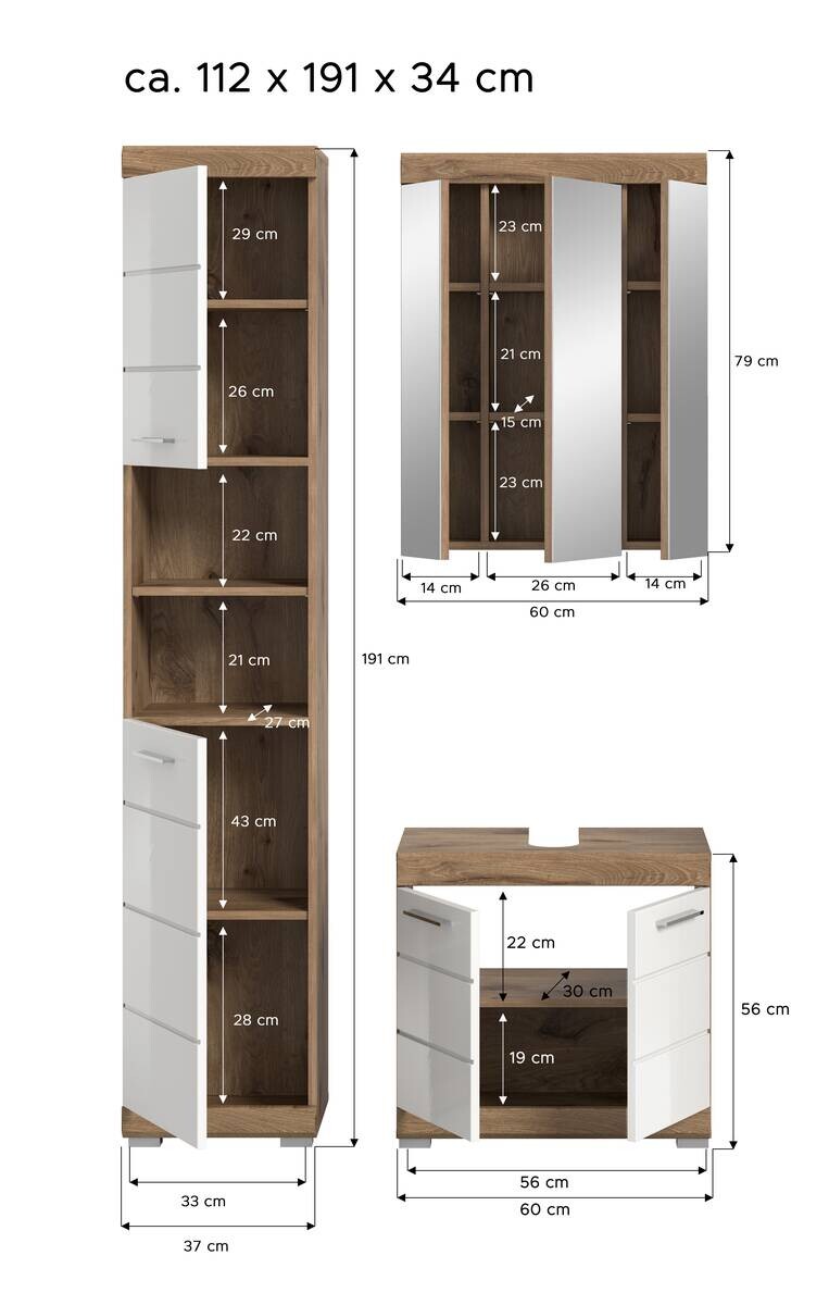 Badezimmer-Set Wave weiß Hochglanz Nox Oak Nachbildung B/H/T: ca. 112x191x34 cm
