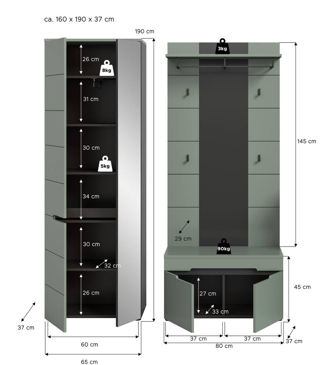Garderobe Canu grün basaltgrau Nachbildung B/H/T: ca. 160x190x37 cm