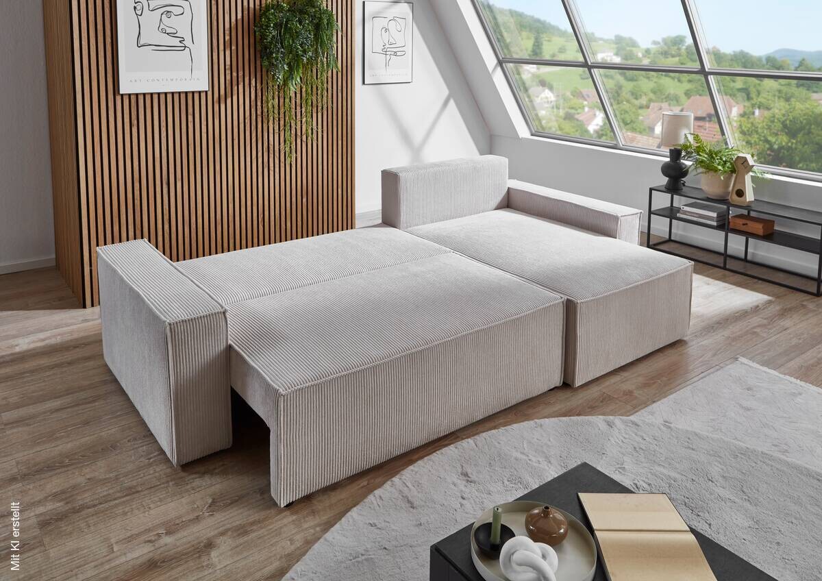Ecksofa mit Bettfunktion und Bettkasten natur Microfaser B/H/T: ca. 266x150x83 cm