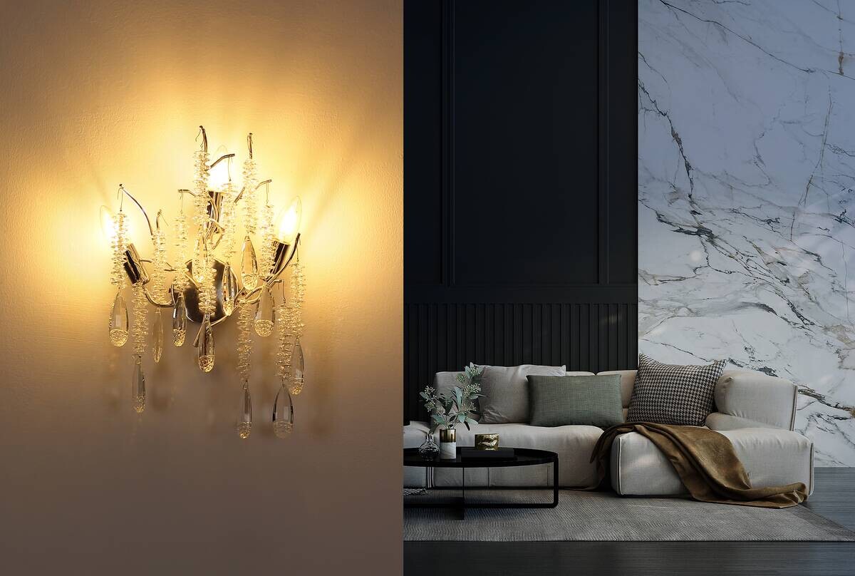 GLOBO Wandleuchte klar silber Glas Metall B/H/L: ca. 12x47x0,5 cm E14 3 Brennstellen