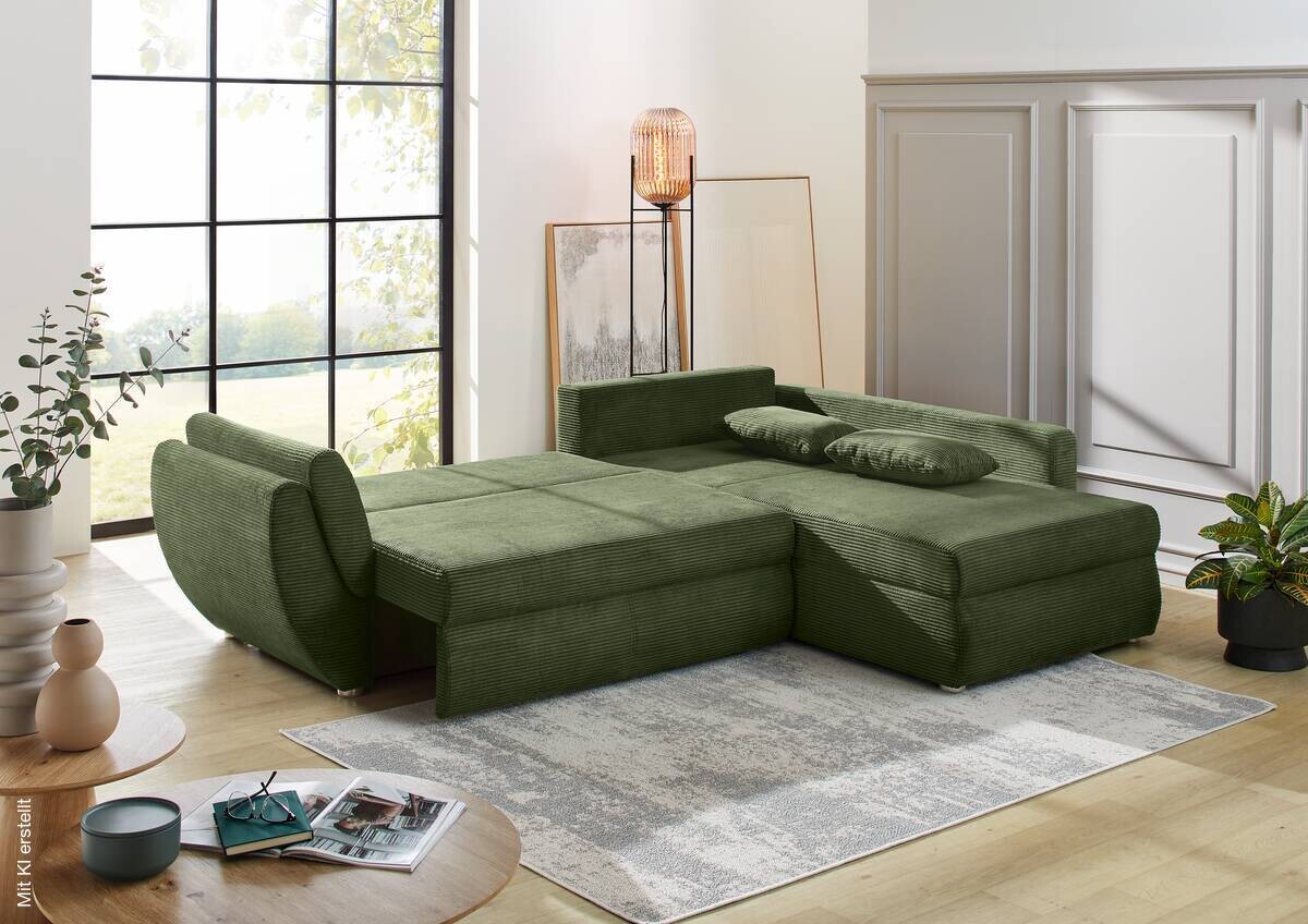 Ecksofa mit Bettfunktion und Bettkasten Greige Microfaser B/H/T: ca. 272x88x200 cm | Greige | 272,00/88,00/200,00 cm