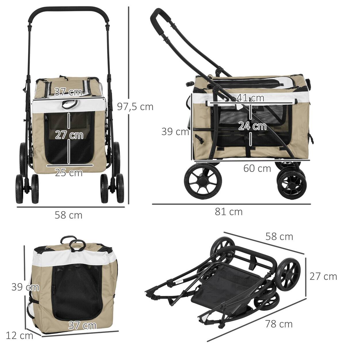 PawHut Hundewagen khaki Stahl B/H/L: ca. 58x97,5x81 cm