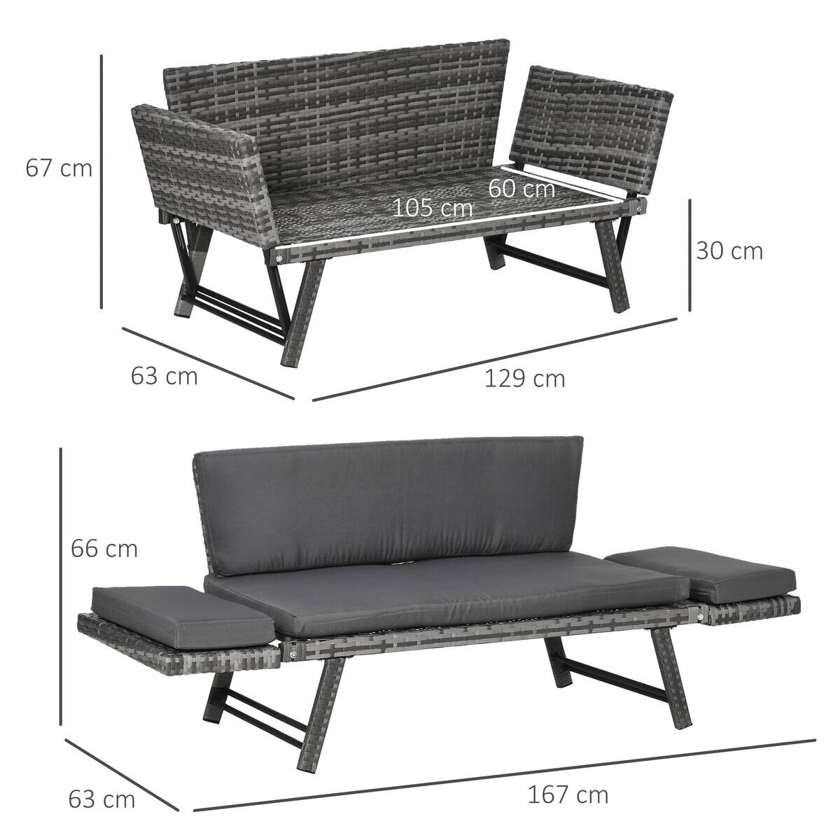 Outsunny Gartensofa grau Polyrattan B/H/L: ca. 63x129x67 cm