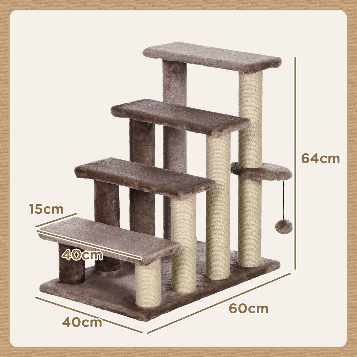 PawHut Katzentreppe braun Stoff B/H/L: ca. 40x64x60 cm