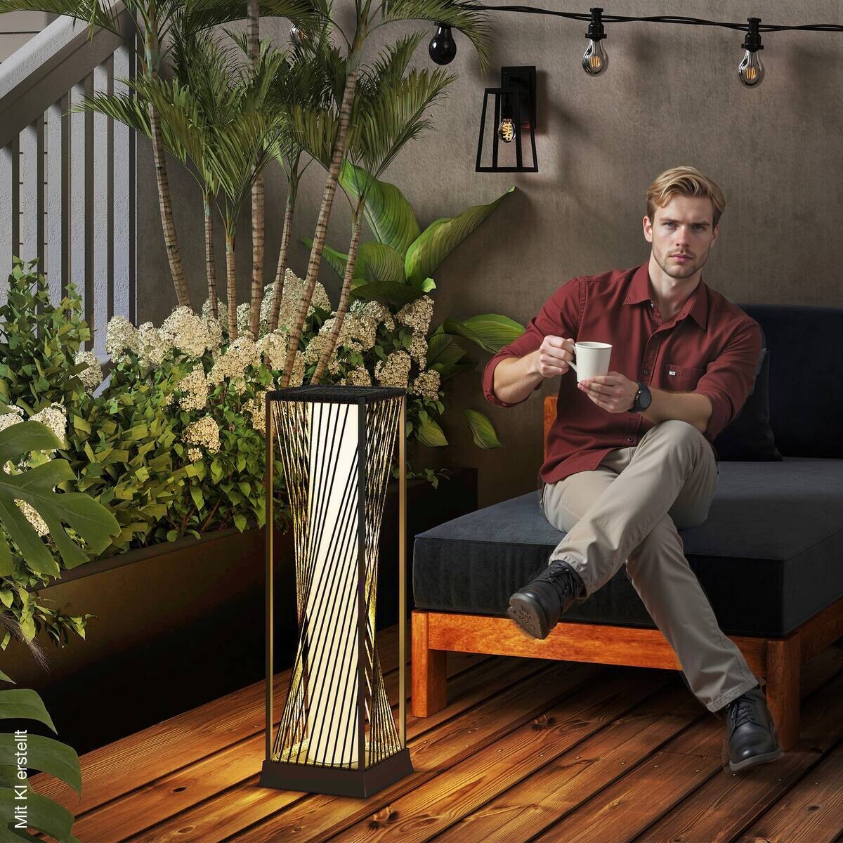 Rattan Solarlampe grau Stahl Polyethylen B/H/L: ca. 22x77x22 cm