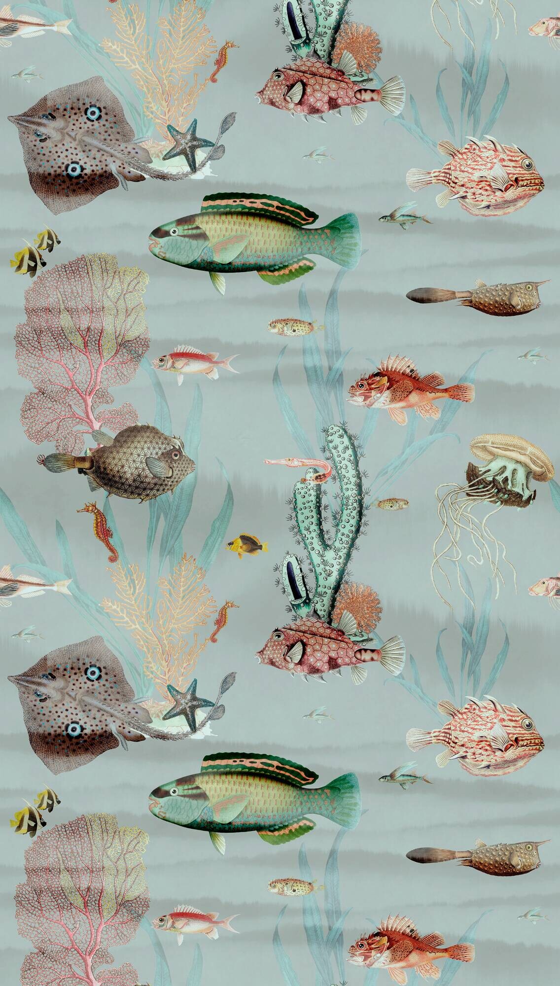 Livingwalls Fototapete Fische blau bunt rosa B/L: ca. 280x159 cm