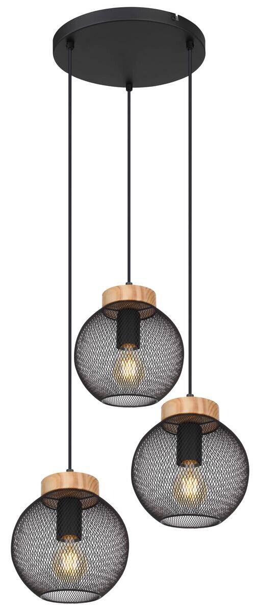 GLOBO Pendelleuchte Pablo schwarz natur Metall Holz H/D: ca. 120x44 cm E27 3 Brennstellen