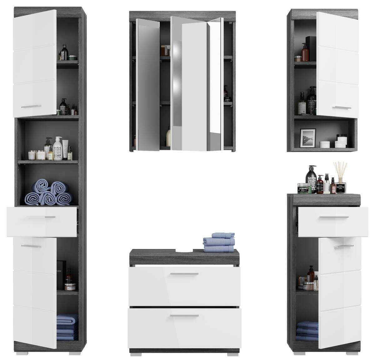 Badezimmer-Set Scout Rauchsilber Nachbildung weiß Hochglanz B/H/T: ca. 164x191x34 cm