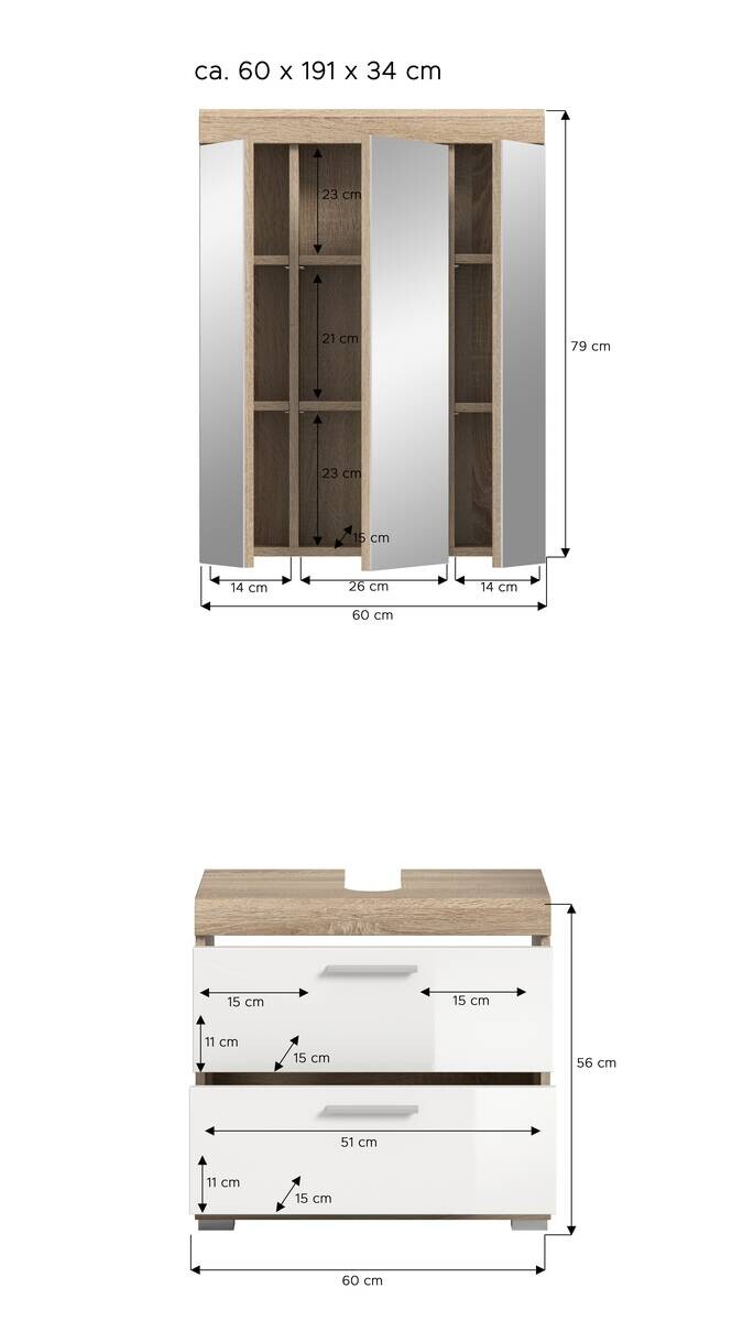 Badezimmer-Set Lambada Eiche Sonoma Nachbildung weiß Hochglanz B/H/T: ca. 60x191x37 cm
