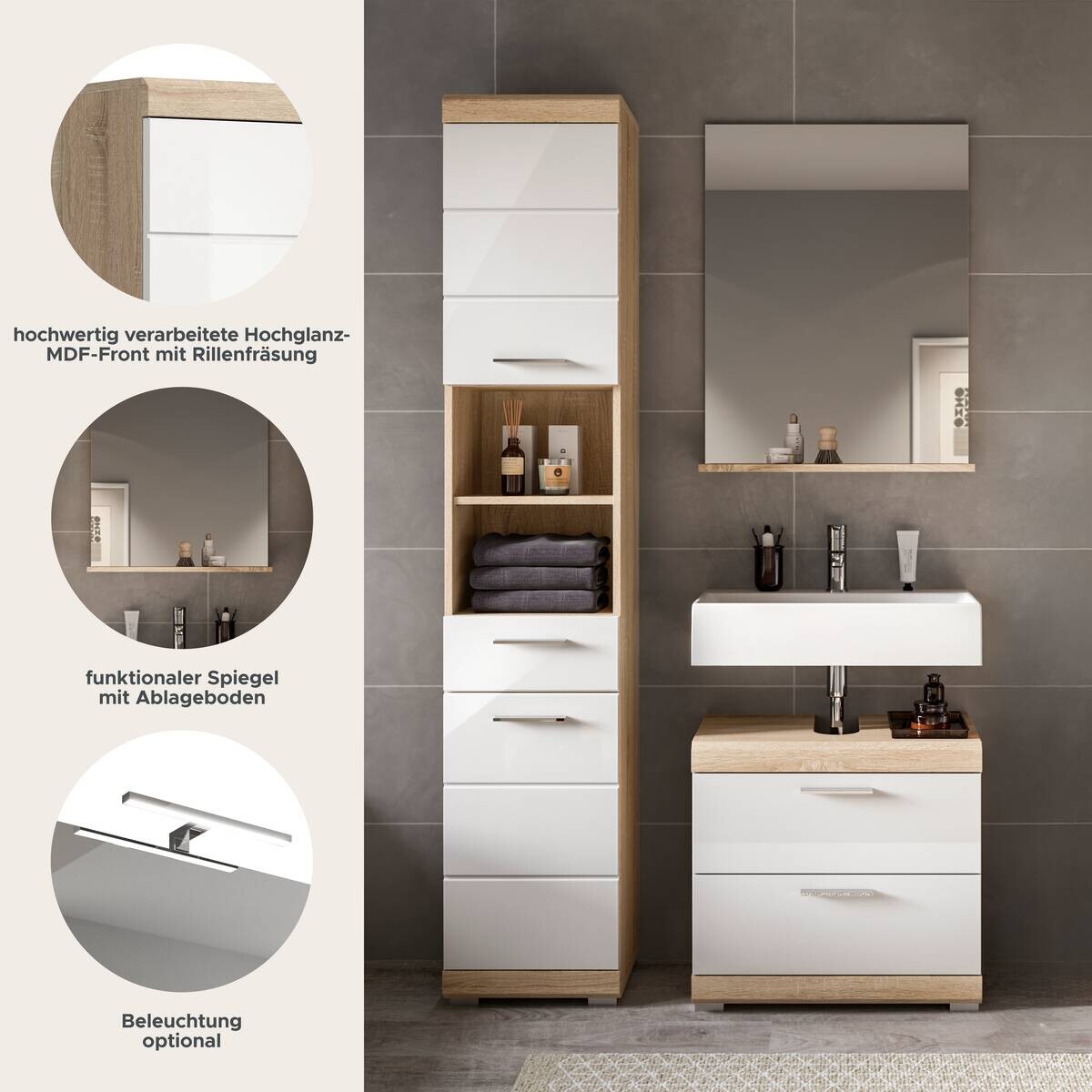 Badezimmer-Set Lambada Eiche Sonoma Nachbildung weiß Hochglanz B/H/T: ca. 112x191x37 cm
