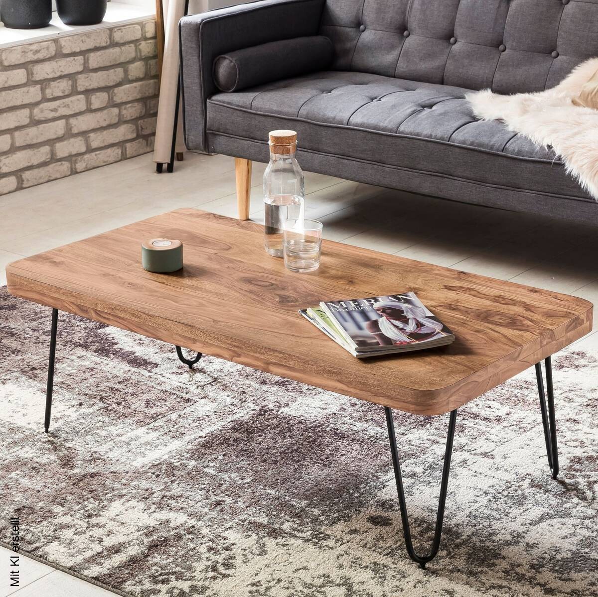 Wohnling Couchtisch natur schwarz Akazie Metall B/H/T: ca. 115x40x60 cm