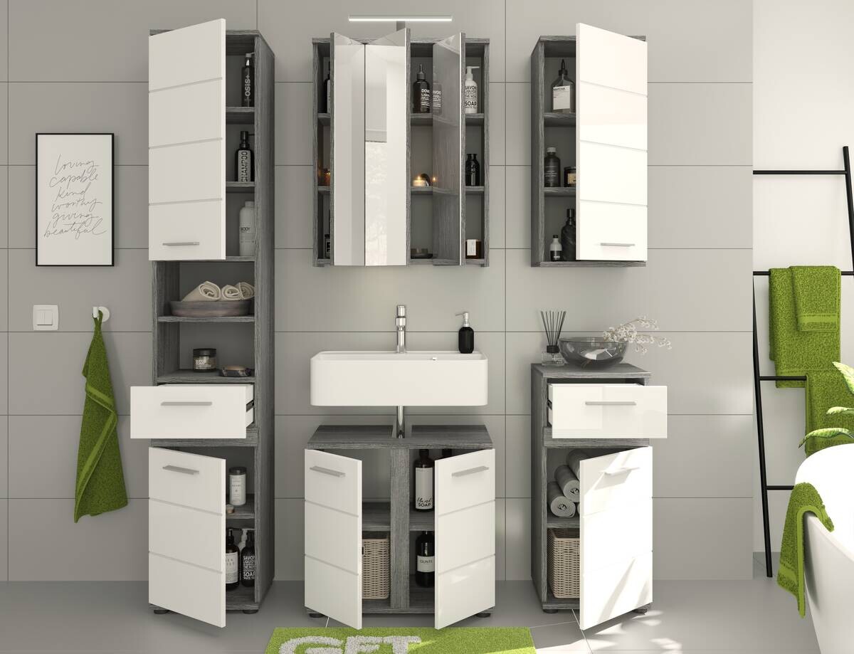 Badezimmer-Set BLAKE Rauchsilber Nachbildung weiß Hochglanz B/H/T: ca. 164x191x34 cm