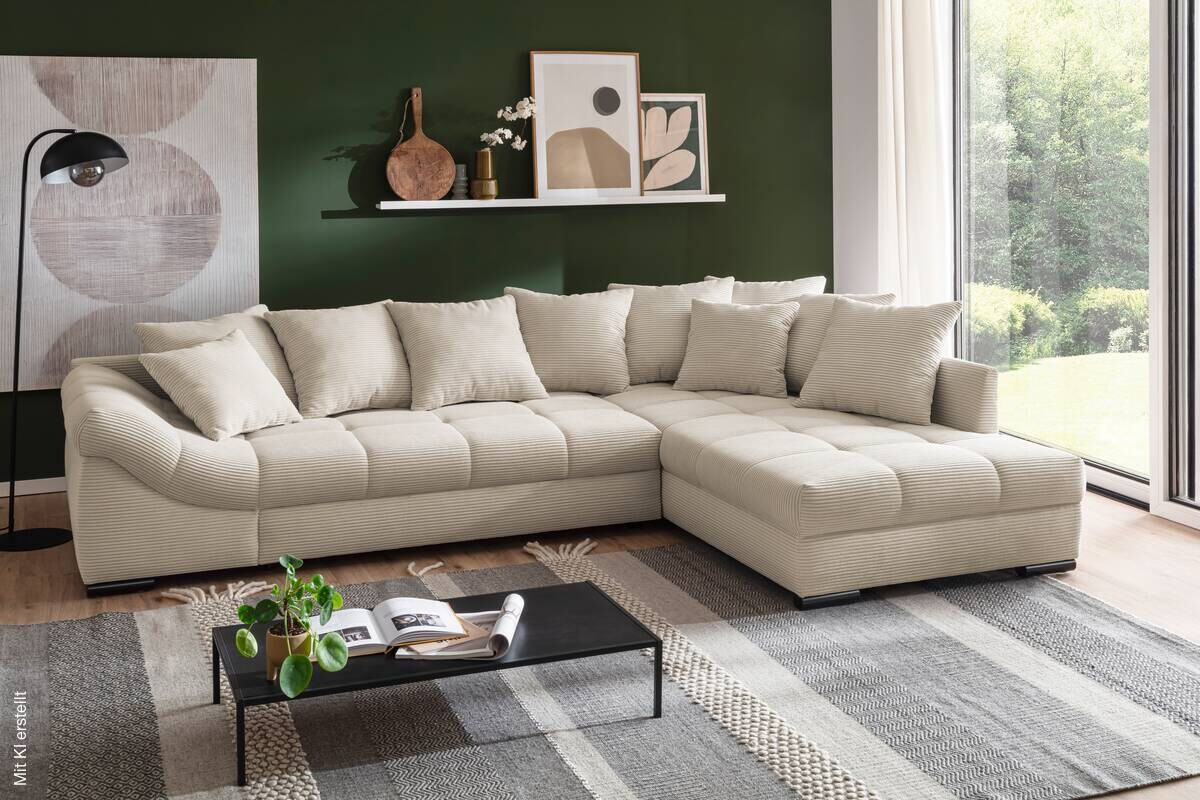 Ecksofa mit Bettfunktion natur Microfaser B/H/T: ca. 303x88x202 cm