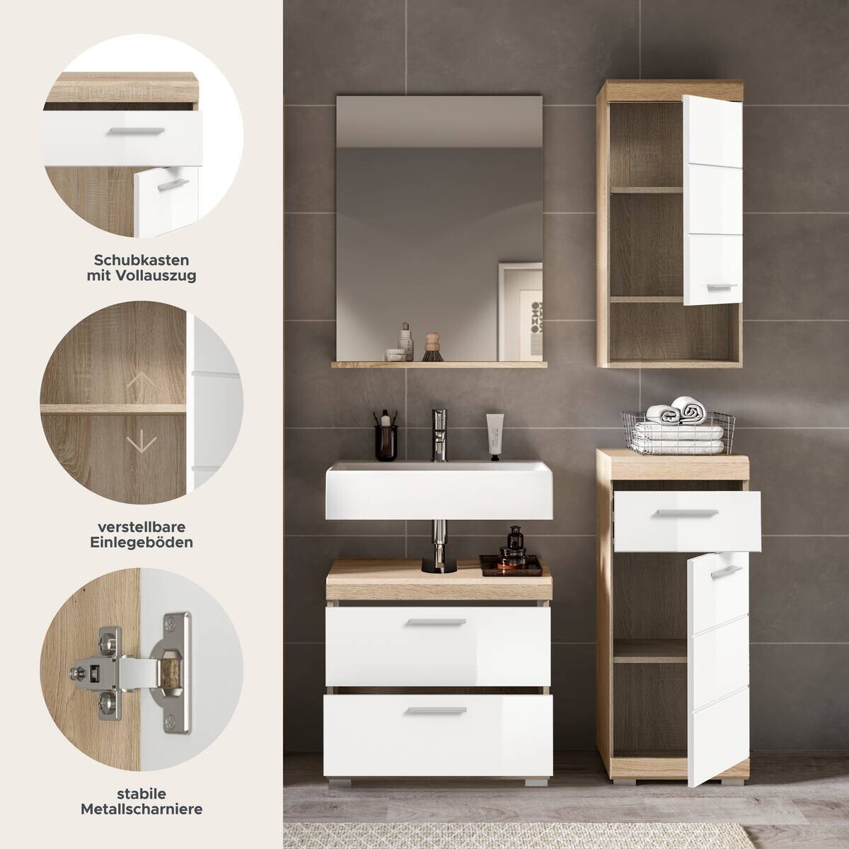 Badezimmer-Set Lambada Eiche Sonoma Nachbildung weiß Hochglanz B/H/T: ca. 112x191x37 cm