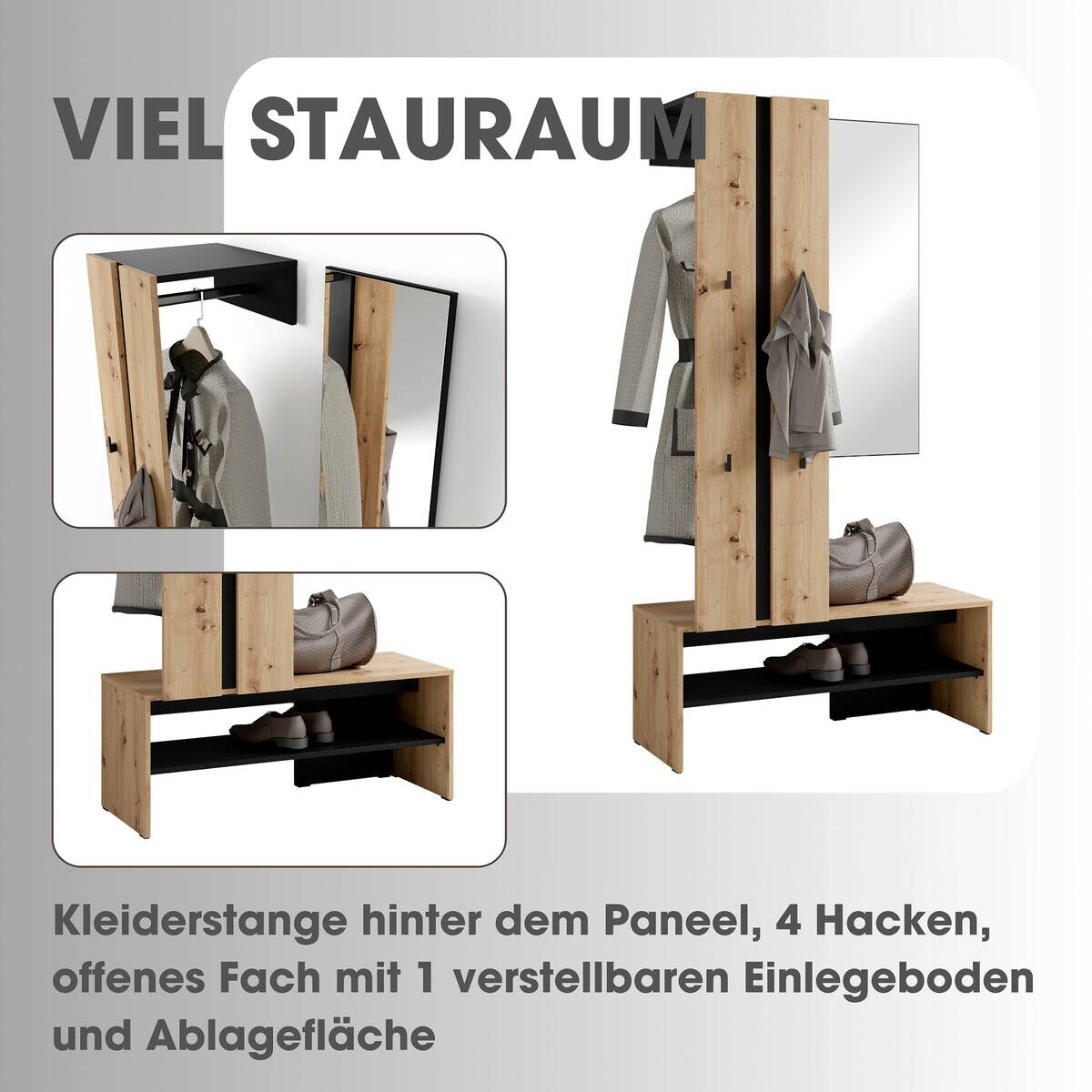 Garderobenset NANTE Eiche schwarz B/H/T: ca. 100x186x40 cm