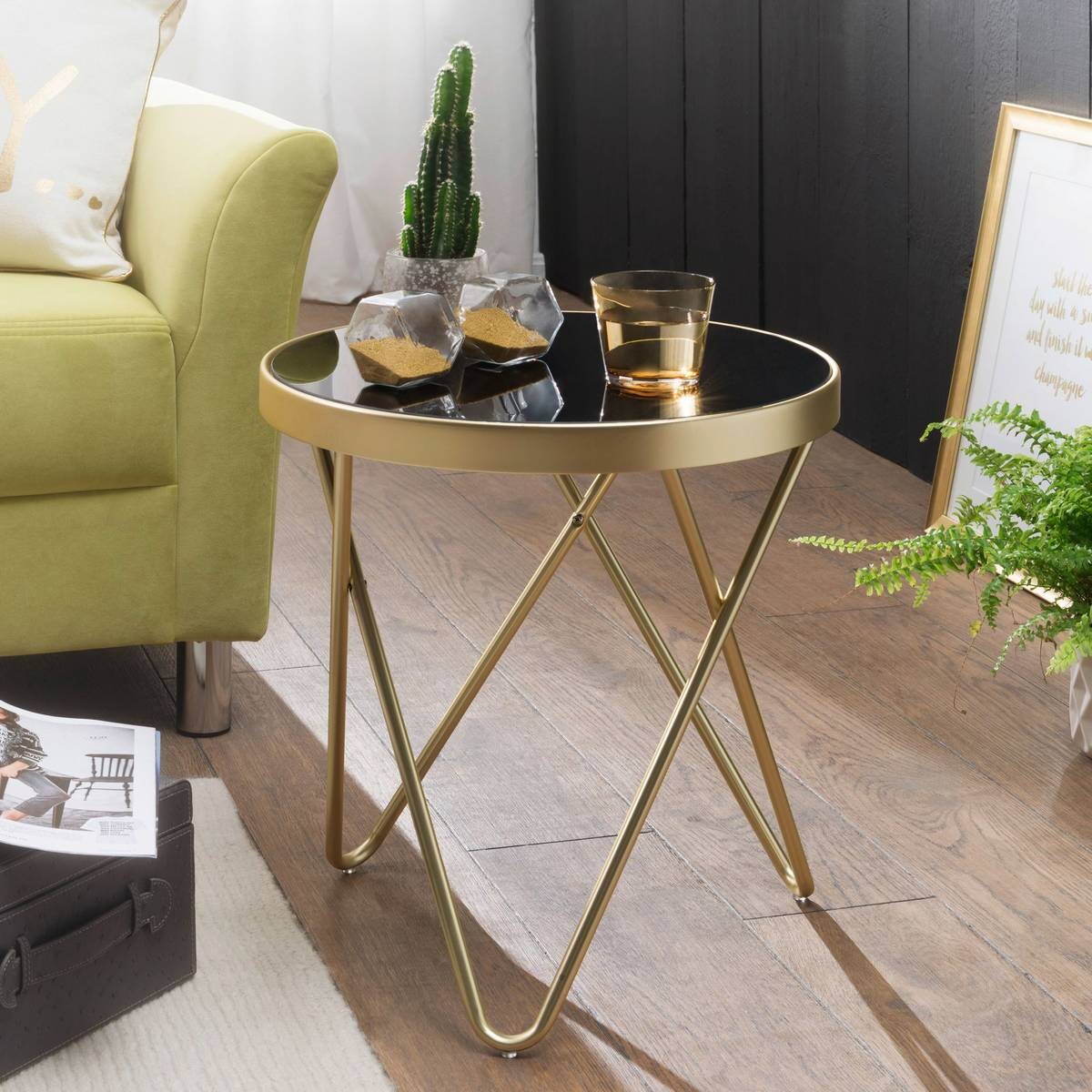 Beistelltisch schwarz gold Lack matt Glas Stahl B/H/T: ca. 42x46x42 cm