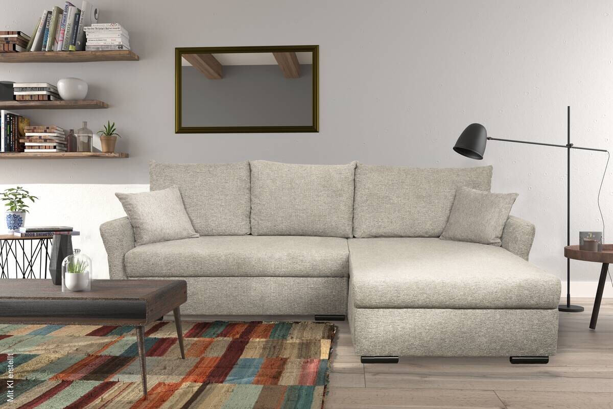 Ecksofa mit Bettfunktion und Bettkasten beige Webstoff B/H/T: ca. 218x90x168 cm